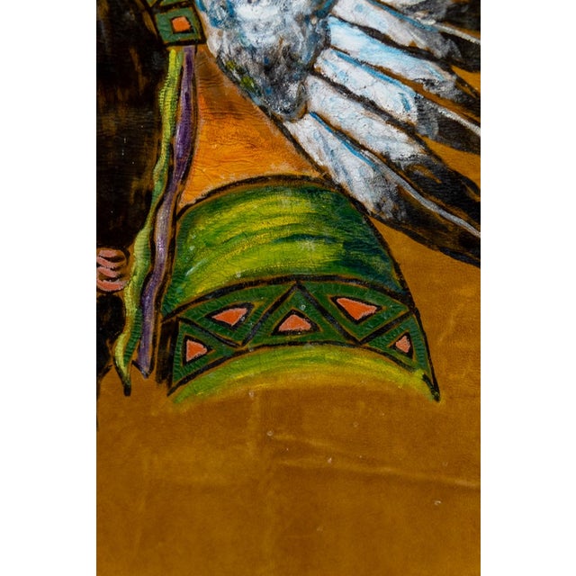 Brown Mid-Century Oil on Tanned Hide Portrait Painting of a Native American Chief For Sale - Image 8 of 12