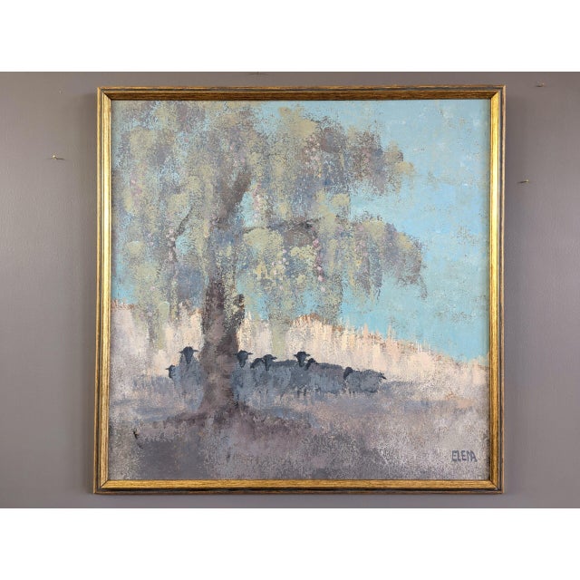 SHEEP AT REST Size: 25.4 x 25.4 inches (including frame) Oil on board A atmospheric mid-century modernist painting that...