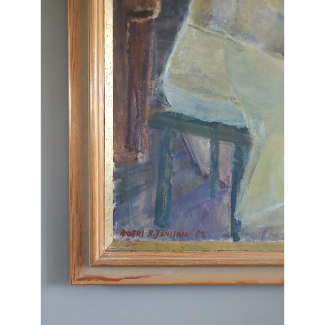 Textile 1955 Mid-Century Modern 'A Moment to Herself' Vintage Swedish Figurative Oil Painting, Framed For Sale - Image 7 of 12