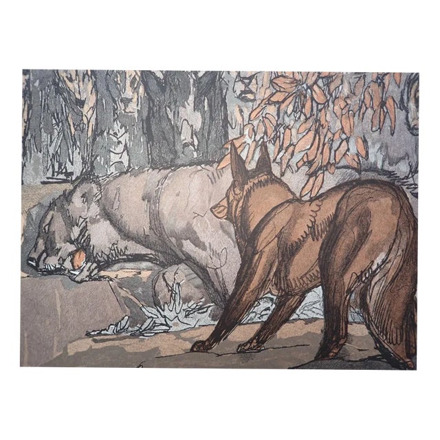 Paul Jouve, The Fox and the Grumpy One, Wood Engraving For Sale
