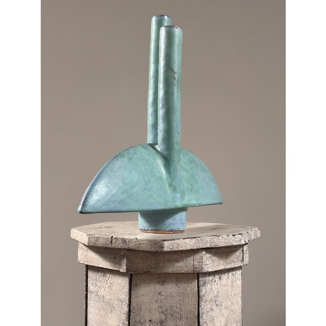 Vintage Japanese Modernist Turquoise Double Stem Ikebana Ceramic Vessel, Signed For Sale - Image 4 of 11