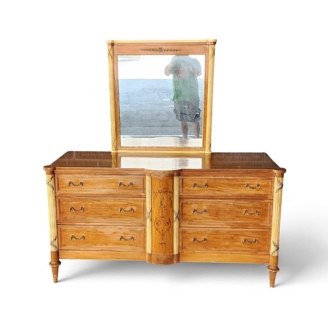Great antique 1930s French neoclassical style bedroom dresser with attached mirror. Made from satinwood veneers with a...