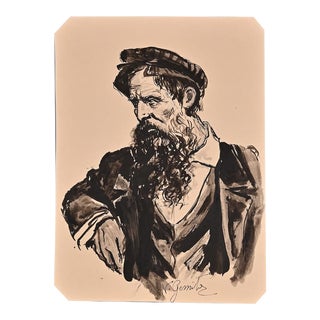 Vincenzo Groan, Pensive Portrait, Ink, Late 19th Century For Sale