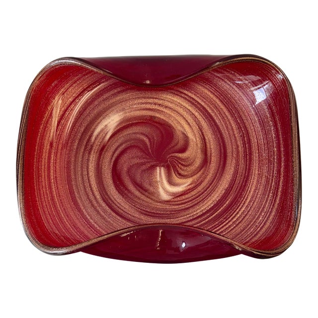 Vintage Mid-Century Red Murano Glass Style Bowl With Gold Flecks For Sale