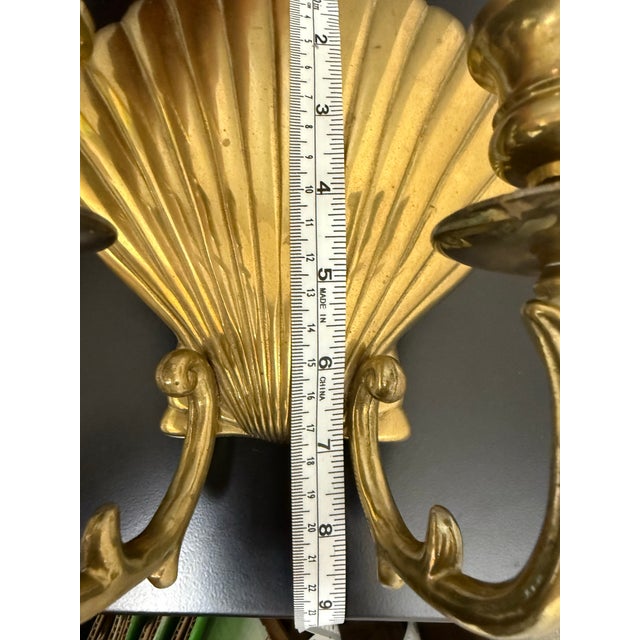 Mid-Century Hollywood Regency Brass Scallop Shell Double Candle Holder Wall Sconce For Sale - Image 12 of 12