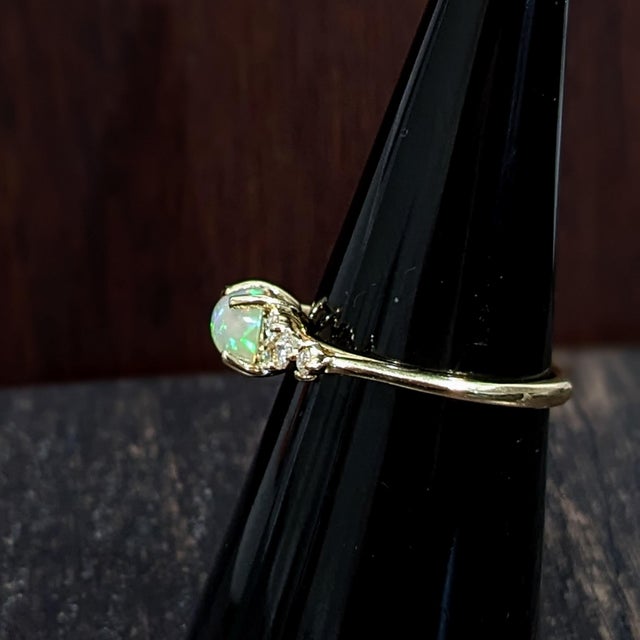 East West Opal Ring W Earth Mined Diamonds in Solid 14k Yellow Gold | Oval 8x6mm For Sale - Image 12 of 18