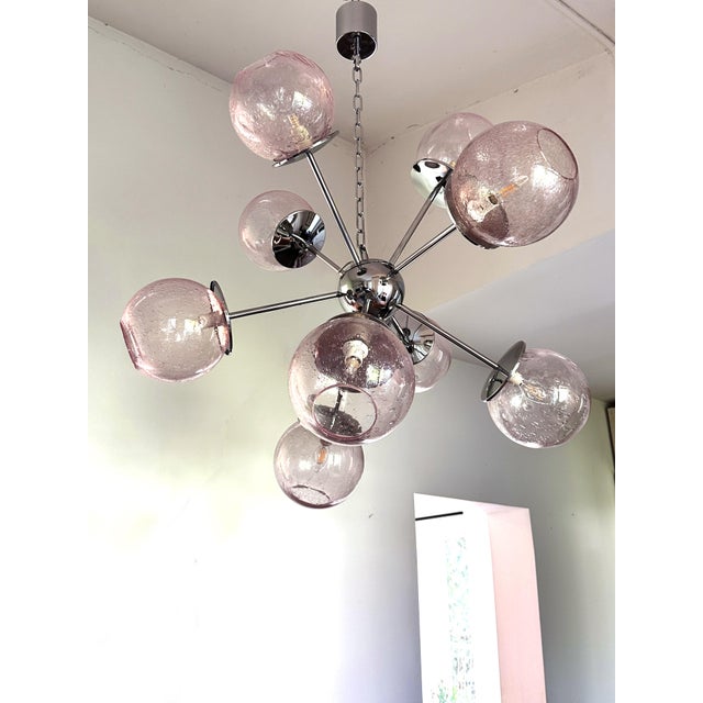 Pink Contemporary Italian Chromed Sputnik Chandelier in Pink "Pulegoso" Murano Glass For Sale - Image 8 of 9