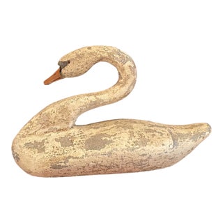 Vintage Weathered Folk Art Hand Carved Decoy Swan For Sale