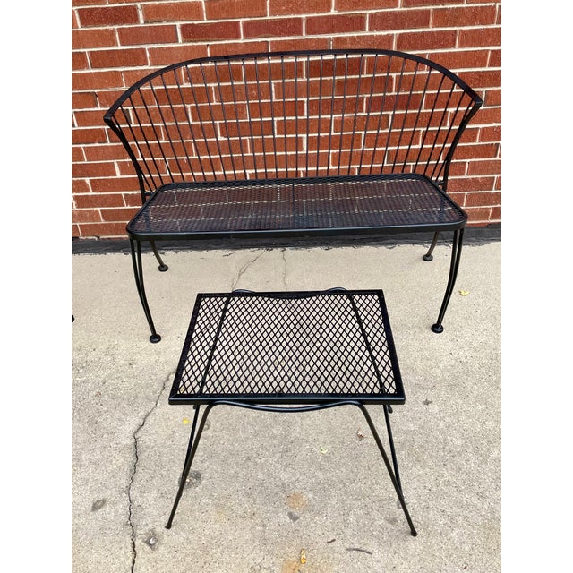 Metal 1990s Woodard Pinecrest Attributed Outdoor Wrought Iron Dining Set & Bench, 9 Pieces For Sale - Image 7 of 14