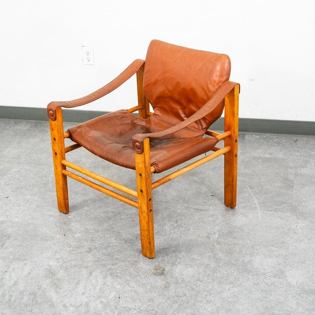 1960s Mid Century Danish Modern Lounge Chair Safari Brown Leather Arm Sling Vintage For Sale - Image 5 of 12