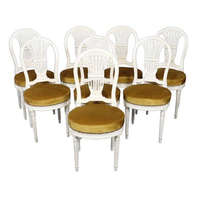 Set of 8 French Louis XVI Painted Balloon Back Maison Jansen Attri Dining Chairs For Sale