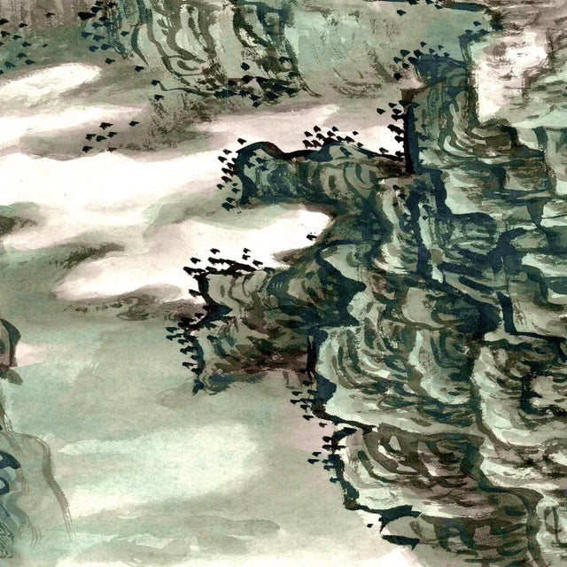 36" * H100"/Panel* 5ps, Chinese Traditional Green Landscape Gongbi Painting Wallpaper, 5 Panels For Sale - Image 6 of 8