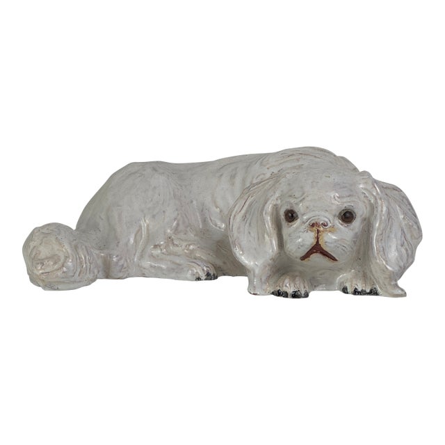Vintage French White Tin Glaze Terracotta Pekinese Dog Sculpture With Glass Eyes For Sale
