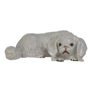 Vintage French White Tin Glaze Terracotta Pekinese Dog Sculpture With Glass Eyes