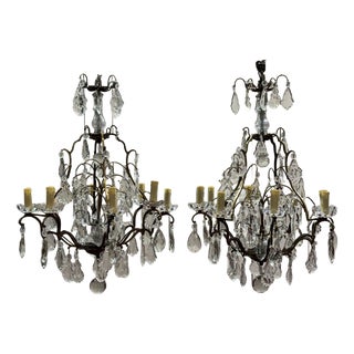 8-Light Bronze Chandeliers with Baccarat Crystal Drops, 1950s, Set of 2 For Sale