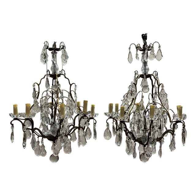 8-Light Bronze Chandeliers with Baccarat Crystal Drops, 1950s, Set of 2 For Sale