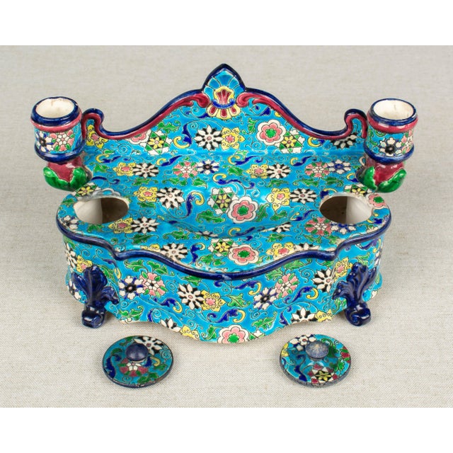 Art Nouveau 19th Century French Longwy Ceramic Inkwell For Sale - Image 3 of 13