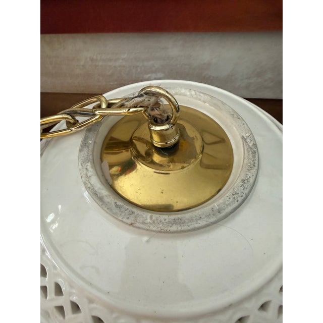 Vintage Mid-Century Chinoiserie Blanc De Chine Swag Pendant Light | Pierced White Porcelain | Hollywood Regency Accent For Sale - Image 9 of 10