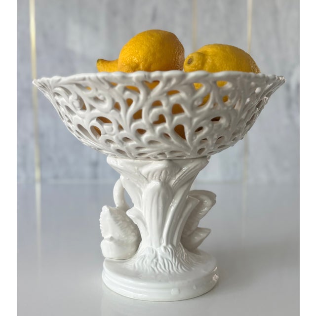 French Old Paris Style Reticulated White Ceramic Swan Pedestal Bowl For Sale - Image 3 of 9