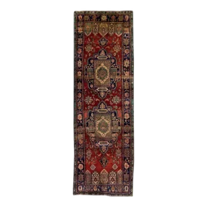 1960s Vintage Persian Heriz Red Handmade Medallion Wool Runner