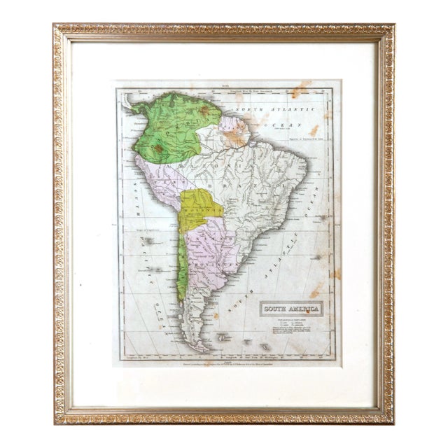 Hand Colored Antique Map of South America, Framed For Sale