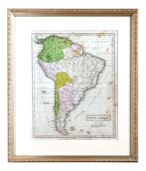 Hand Colored Antique Map of South America, Framed
