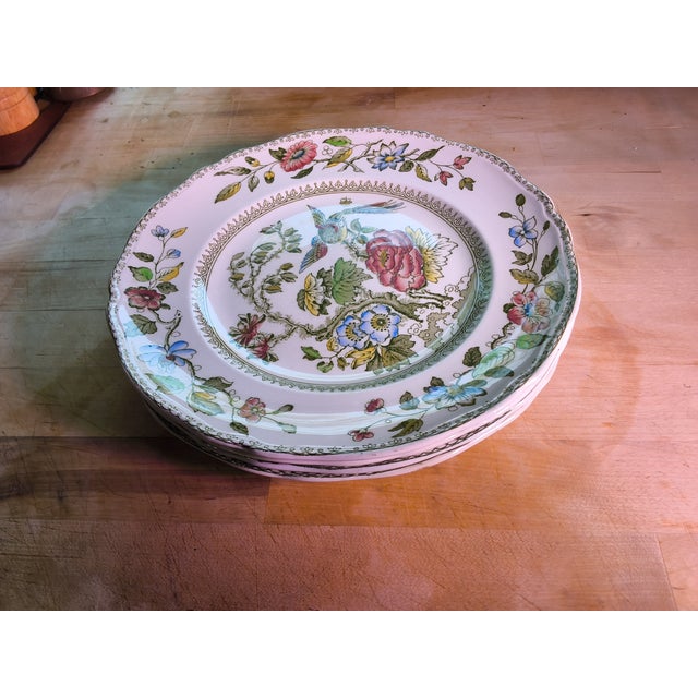 These antique porcelain dinner plates in the Davenport Green Multicolor pattern by Crown Staffordshire were crafted in...