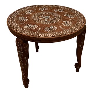 1970s Anglo-Indian Hardwood Carved Elephant and Parrot Inlay End Table For Sale