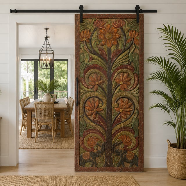 Vintage Hand-Carved Tree of Life Wood Barn Door | Painted Indian Wall Panel With Elephant & Lotus Door 84x36 For Sale In Orlando - Image 6 of 6
