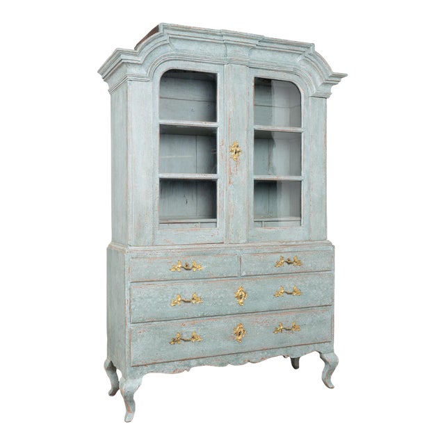 Early 19th Century Swedish Blue Painted Pine Display Cabinet For Sale
