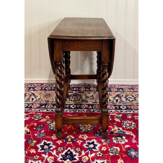 Brown Antique English Table Drop Leaf Gateleg Barley Twist Oak Oval C. 1920-30s For Sale - Image 8 of 17