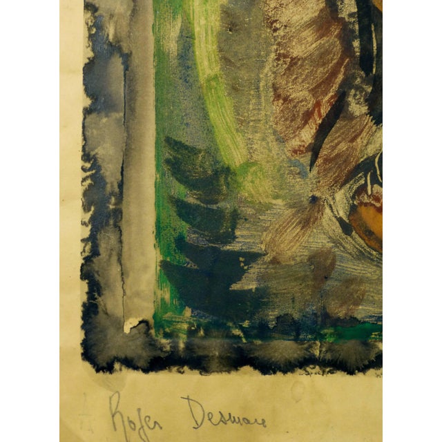 Mid-century gouache painting of long horned steer in warm tones of browns and greens by French artist Roger Desmare, 1952....