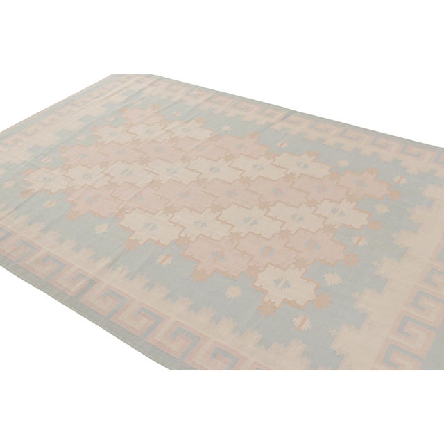 Rug & Kilim Rug & Kilim’s Contemporary Dhurrie Rug in Blue, White & Pink Geometric Patterns For Sale - Image 4 of 7