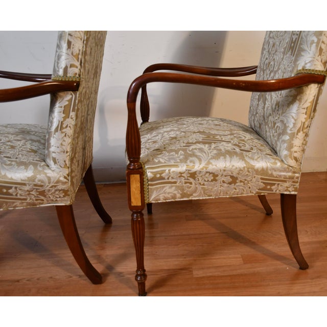 1980s Hickory Chair English Hepplewhite Mahogany Inlay Pair of High-Back Chairs For Sale - Image 15 of 17