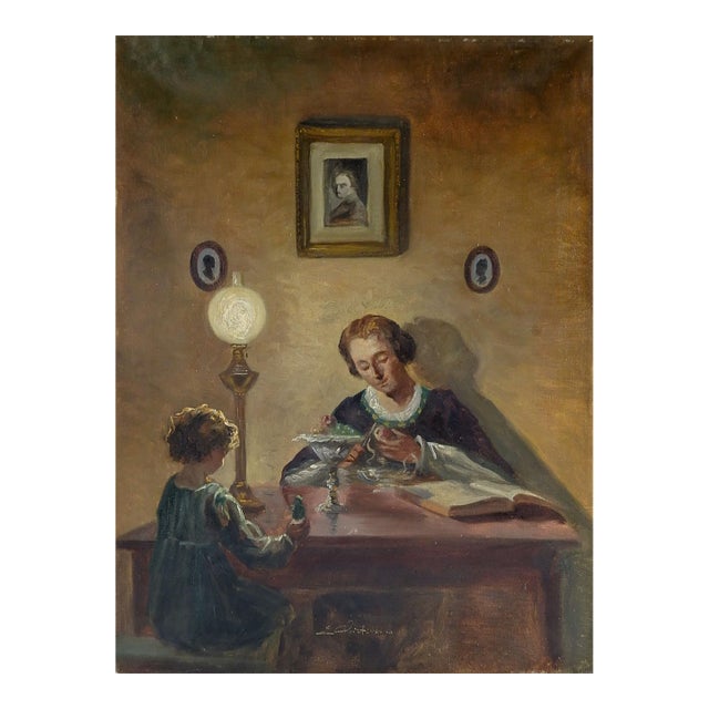 Early 20th Century Mother Pealing Apple for Daughter Painting For Sale