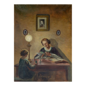 Early 20th Century Mother Pealing Apple for Daughter Painting