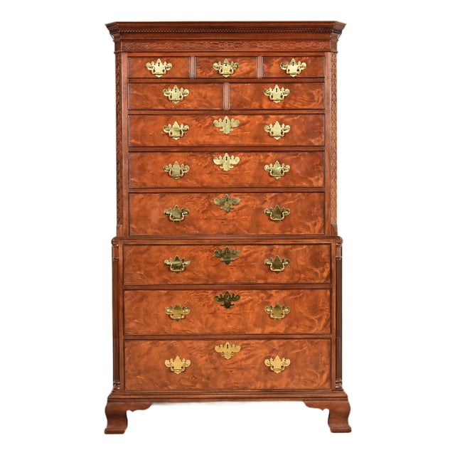 Baker Furniture Historic Charleston Chippendale Carved Mahogany and Burl Wood Eleven-Drawer Highboy Dresser For Sale