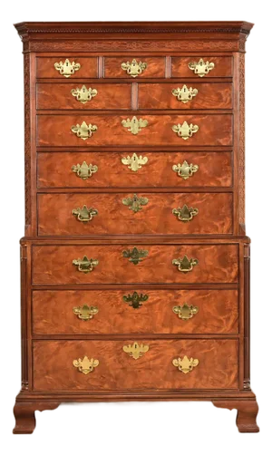 Baker Furniture Historic Charleston Chippendale Carved Mahogany and Burl Wood Eleven-Drawer Highboy Dresser