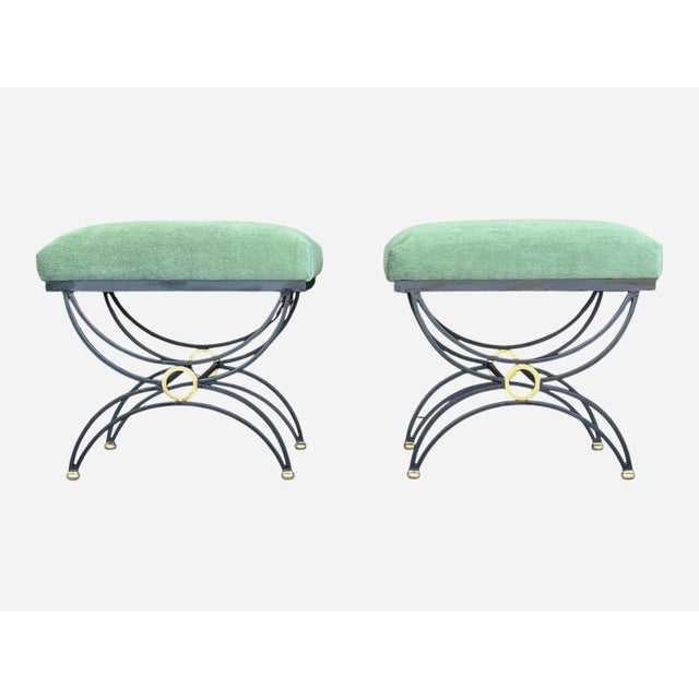 1980s 1980s Hand-Forged Sculptural Wrought Iron Accent Benches in Dark Green Mohair- A Pair For Sale - Image 5 of 13