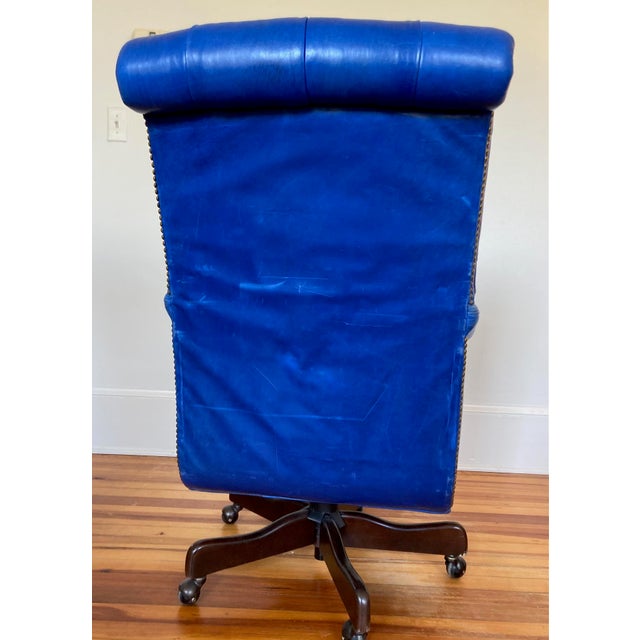 1990s 1990s Vibrant Royal Tufted Blue Leather Brass Chesterfield Executive Desk Chair with Nailhead Trim For Sale - Image 5 of 9