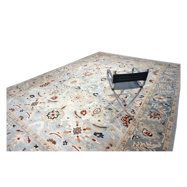Persian Sultanabad Wool 14 X 20 Light Blue & Teal With Rust Oversized Rug #1140199 For Sale - Image 4 of 10