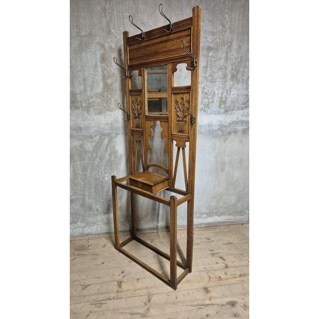 Mid-Century Modern Vintage Carved Oak Hall Tree with Mirror and Coat Hooks, 1940s For Sale - Image 3 of 17