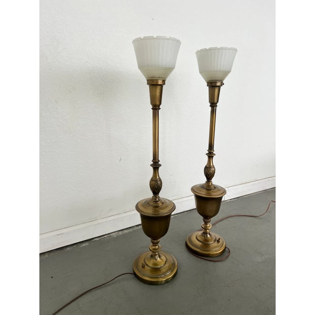 Mid-Century Modern Vintage Rembrandt-Style Brass Torchiere Table Lamps - Set of 2 For Sale - Image 3 of 8
