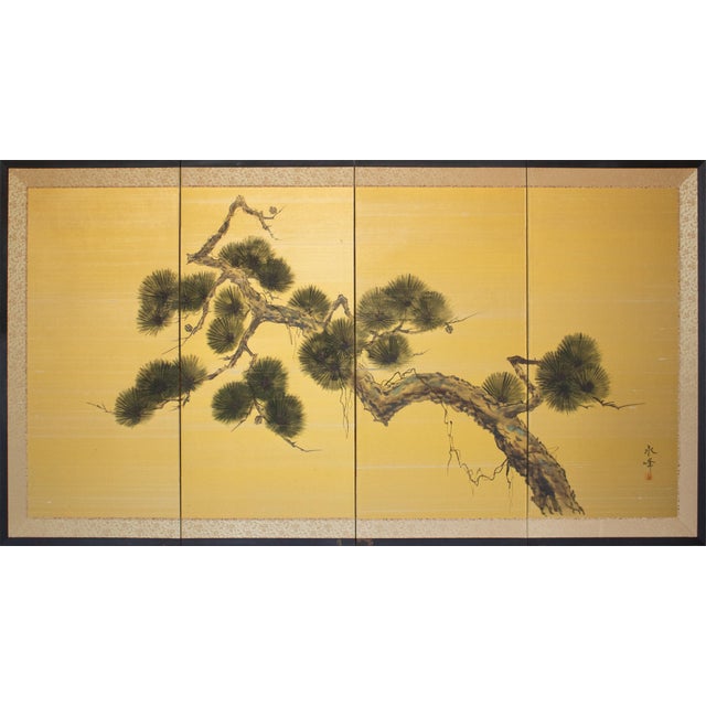 "Old Pine Tree", Pre-1964 Showa Era Japanese Painted Silk Byobu Screen For Sale - Image 17 of 17