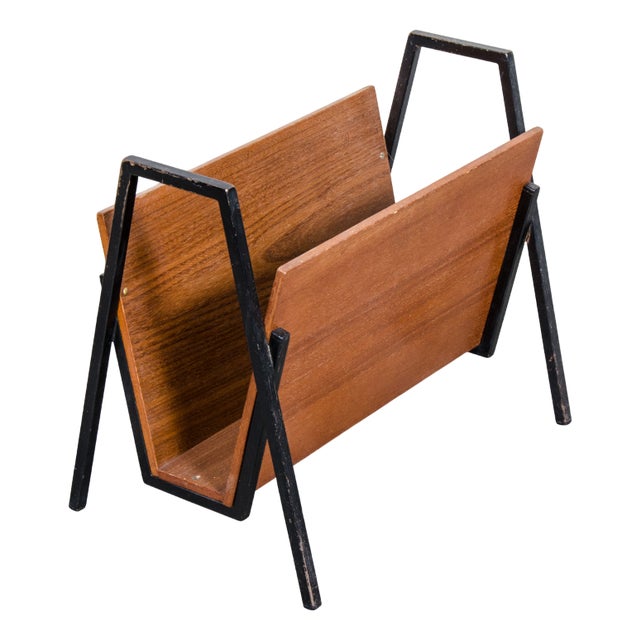Mid-Century Magazine Rack in Teak and Metal, 1960s For Sale