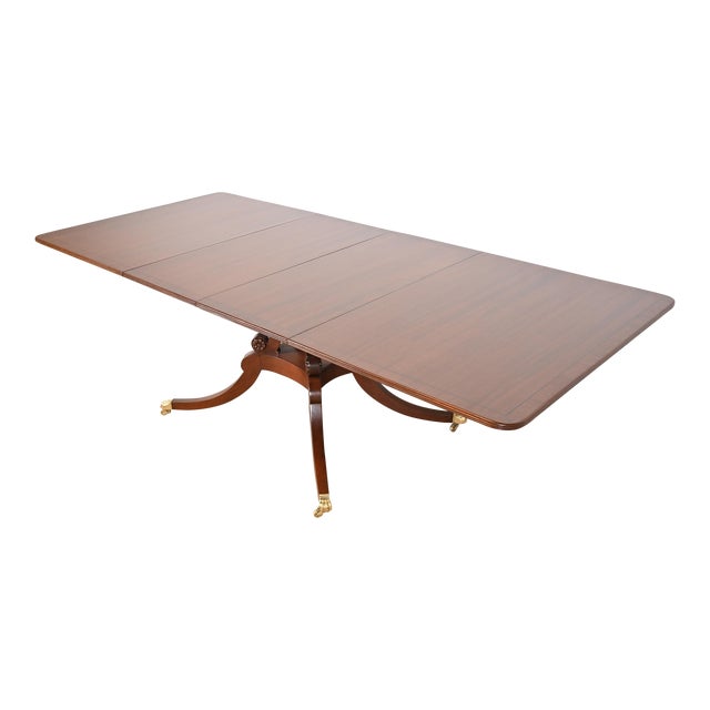 Baker Furniture Style Georgian Banded Mahogany Pedestal Extension Dining Table, Newly Refinished For Sale