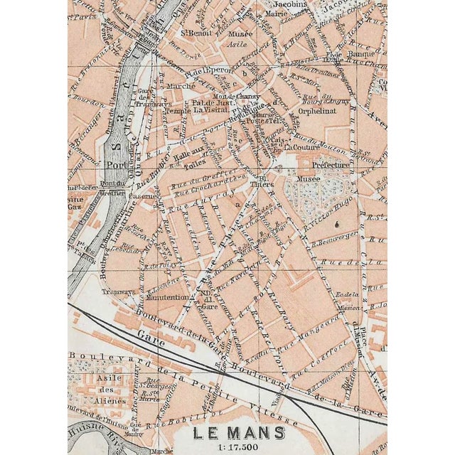 Antique French map of Le Man, France, best known for Grand Prix auto racing.
