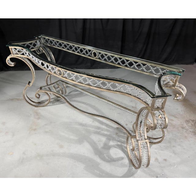Gold Hollywood Regency Iron Glass Top Console Table With Scrollwork Legs and Crystal Beading For Sale - Image 8 of 10