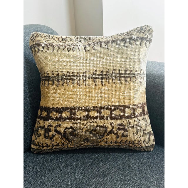 Vintage Turkish Isparta Rug Pillow Cover 16x16 – Geometric Wool Cushion Earthy Tones For Sale - Image 10 of 12