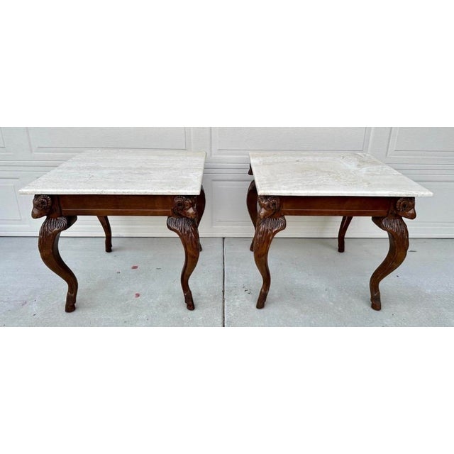 Vintage Ram’s Head Carved Walnut & Travertine Side Tables Attributed to Minton Spidell – Pair For Sale - Image 16 of 18